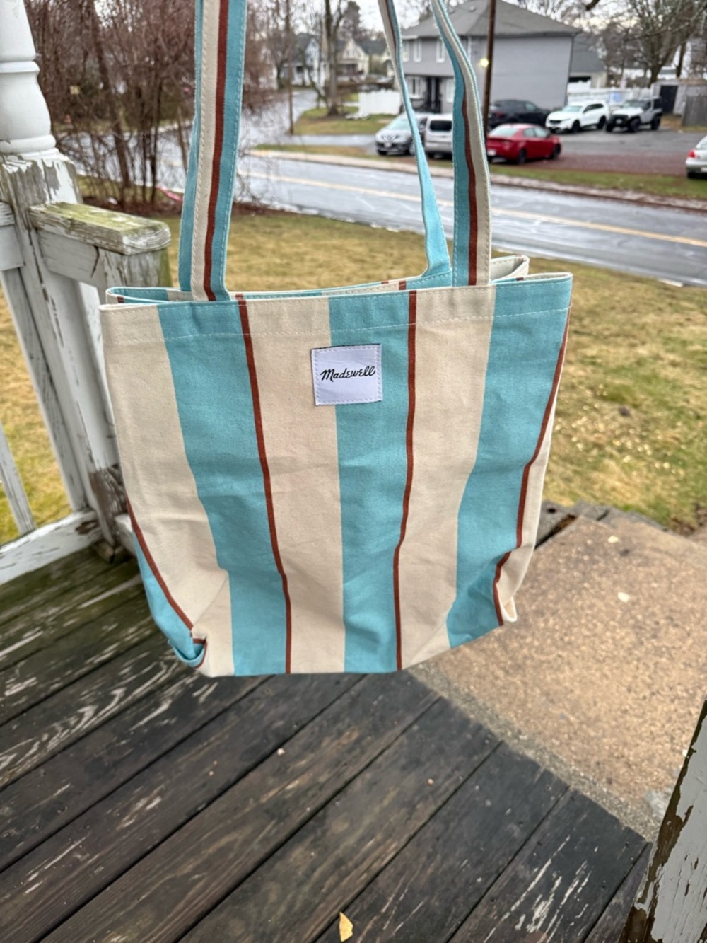 Madewell Striped Canvas Tote in Aqua, Cream & Brown